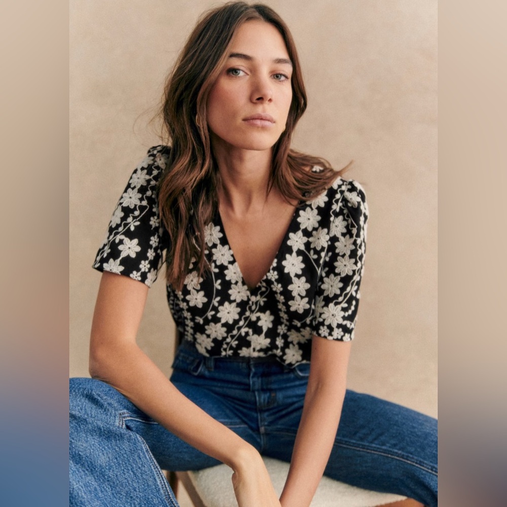 Sezane Emma Blouse Ecru Embroidery/ Black - Size 2 - Picture 2 of 11